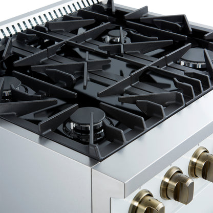 Marco 30-inch Gas Range White & Antique Brass Design, 4 Burners 37,000 BTU, 4.32 cu.ft. Convection Oven - Forno Appliances