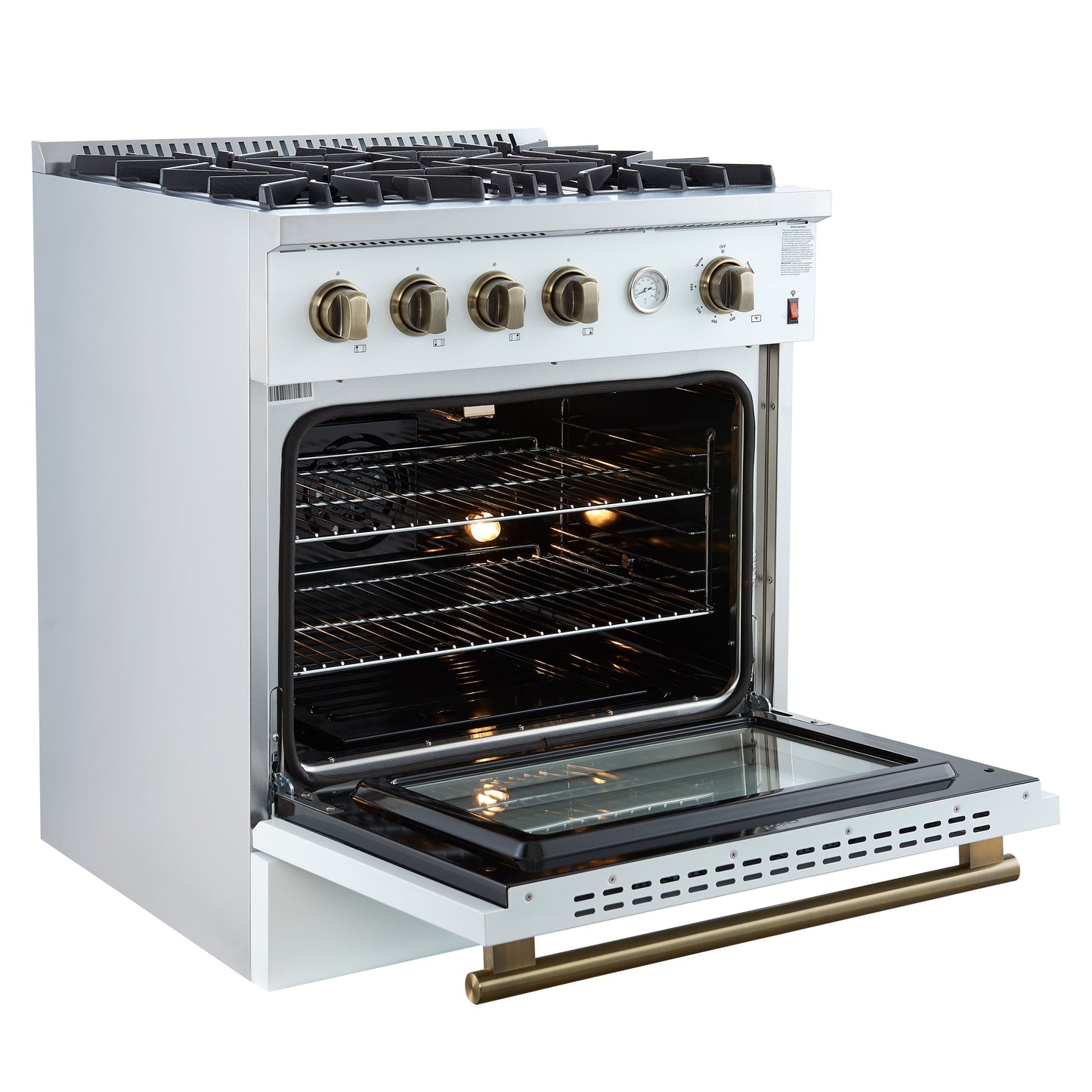 Marco 30-inch Gas Range White & Antique Brass Design, 4 Burners 37,000 BTU, 4.32 cu.ft. Convection Oven - Forno Appliances