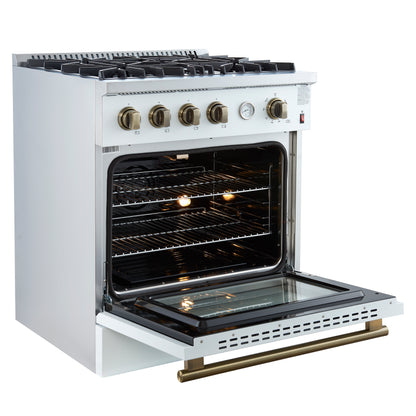 Marco 30-inch Gas Range White & Antique Brass Design, 4 Burners 37,000 BTU, 4.32 cu.ft. Convection Oven - Forno Appliances