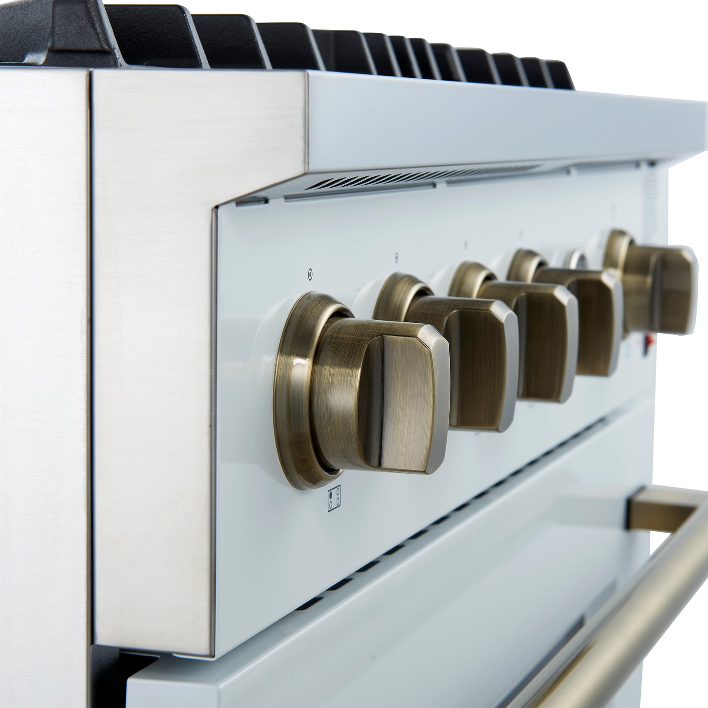 Marco 30-inch Gas Range White & Antique Brass Design, 4 Burners 37,000 BTU, 4.32 cu.ft. Convection Oven - Forno Appliances