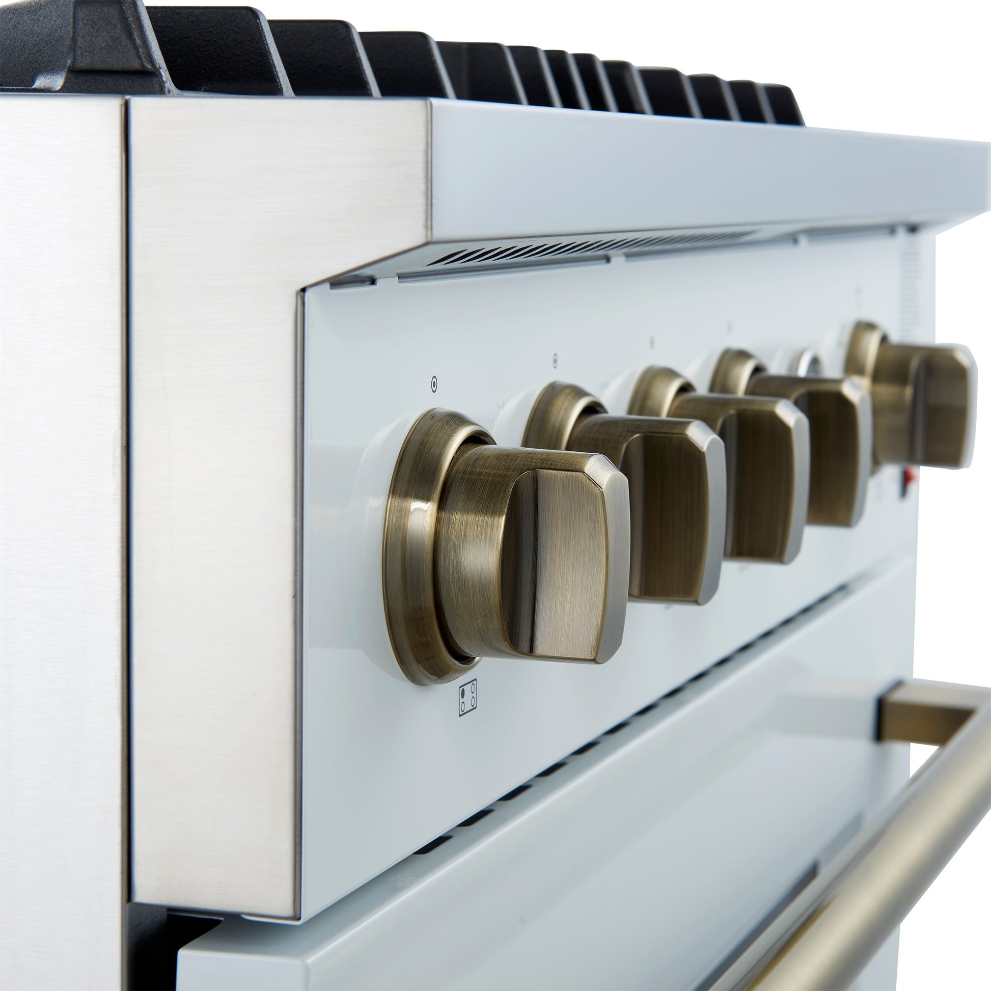 Marco 30-inch Gas Range White & Antique Brass Design, 4 Burners 37,000 BTU, 4.32 cu.ft. Convection Oven - Forno Appliances