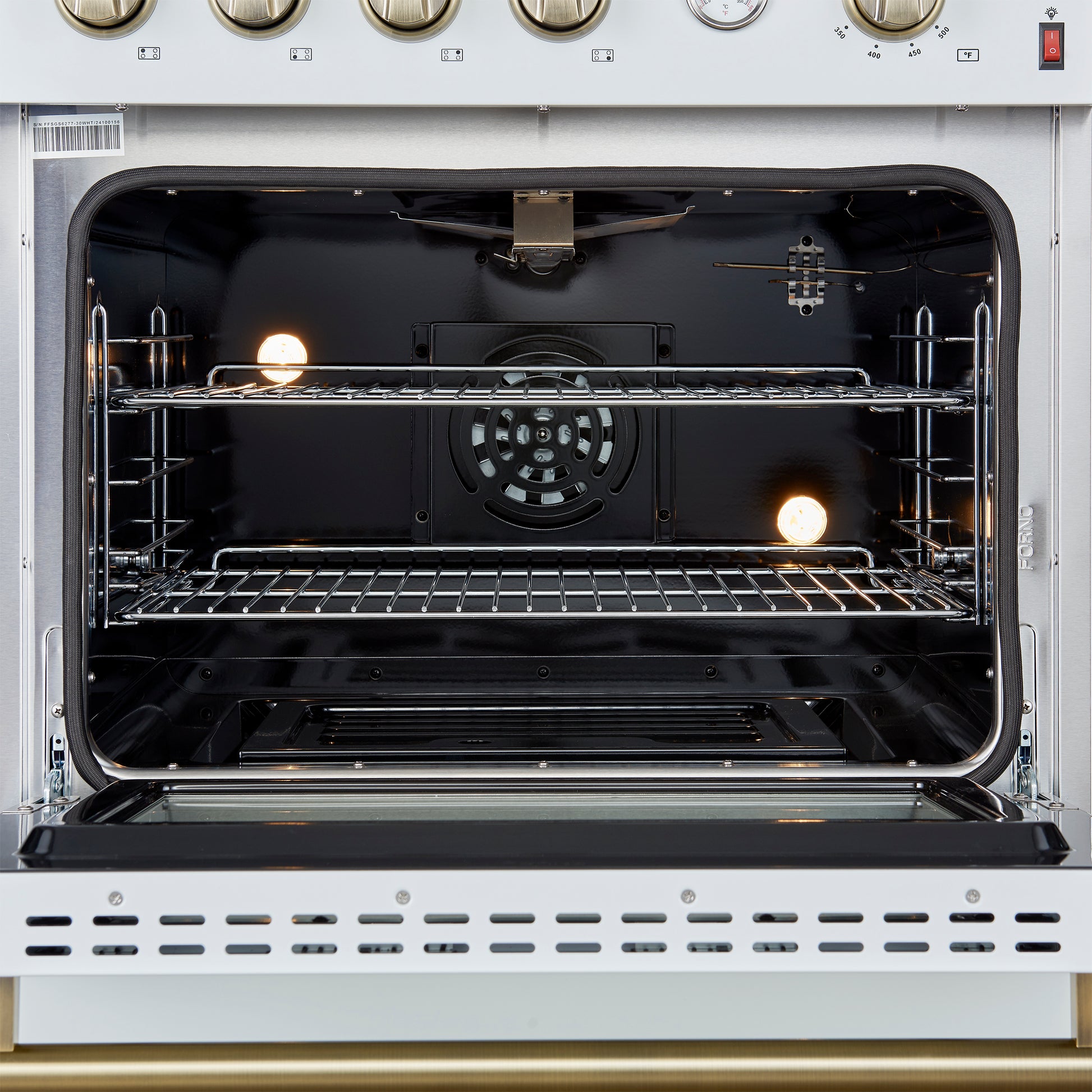 Marco 30-inch Gas Range White & Antique Brass Design, 4 Burners 37,000 BTU, 4.32 cu.ft. Convection Oven - Forno Appliances