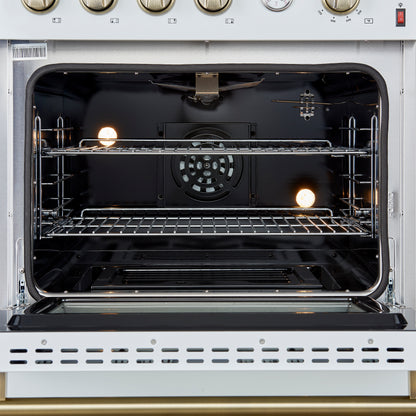 Marco 30-inch Gas Range White & Antique Brass Design, 4 Burners 37,000 BTU, 4.32 cu.ft. Convection Oven - Forno Appliances