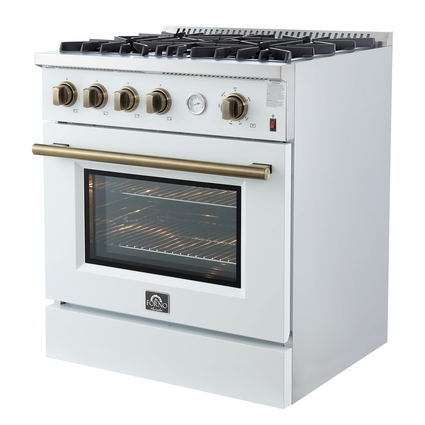 Marco 30-inch Gas Range White & Antique Brass Design, 4 Burners 37,000 BTU, 4.32 cu.ft. Convection Oven - Forno Appliances