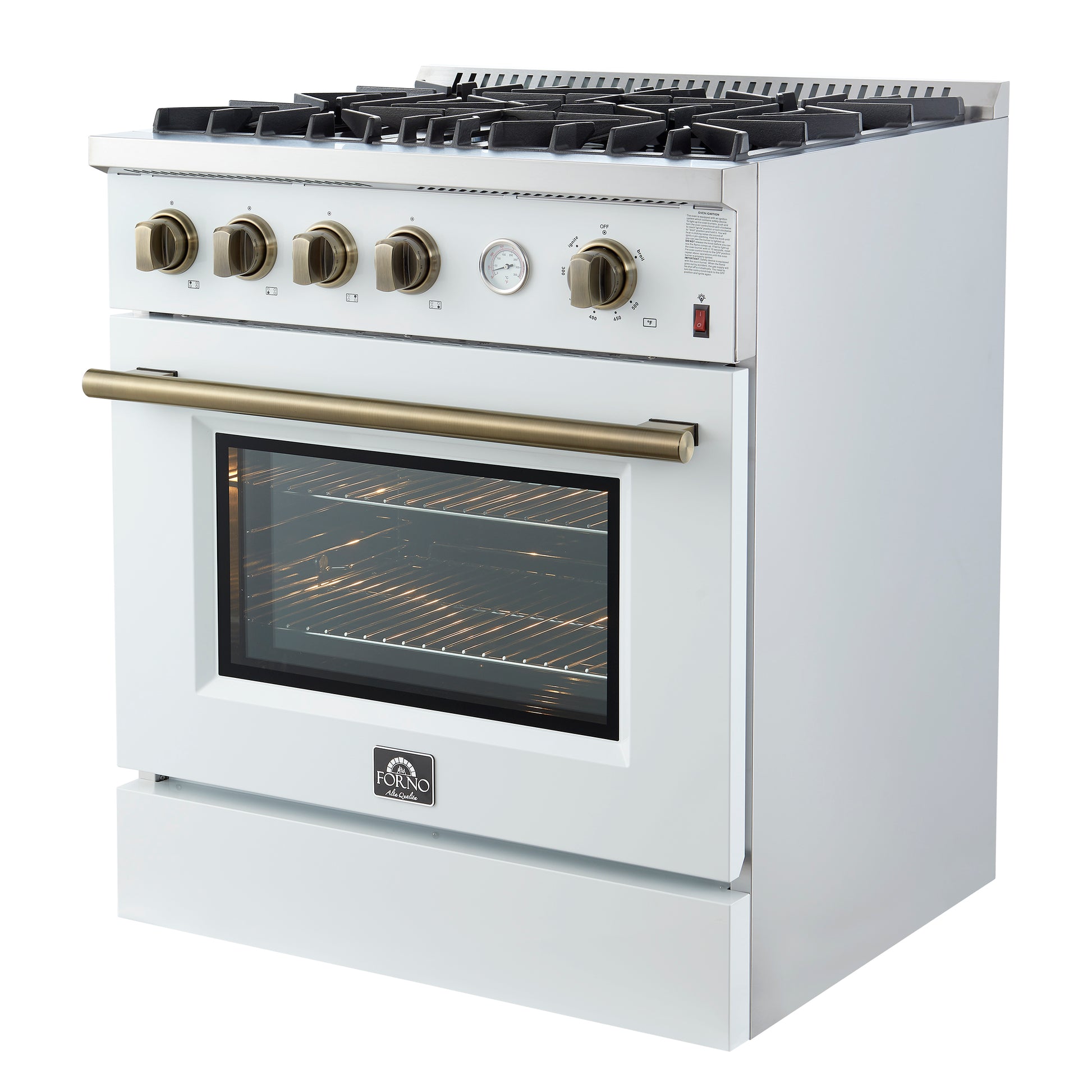 Marco 30-inch Gas Range White & Antique Brass Design, 4 Burners 37,000 BTU, 4.32 cu.ft. Convection Oven - Forno Appliances
