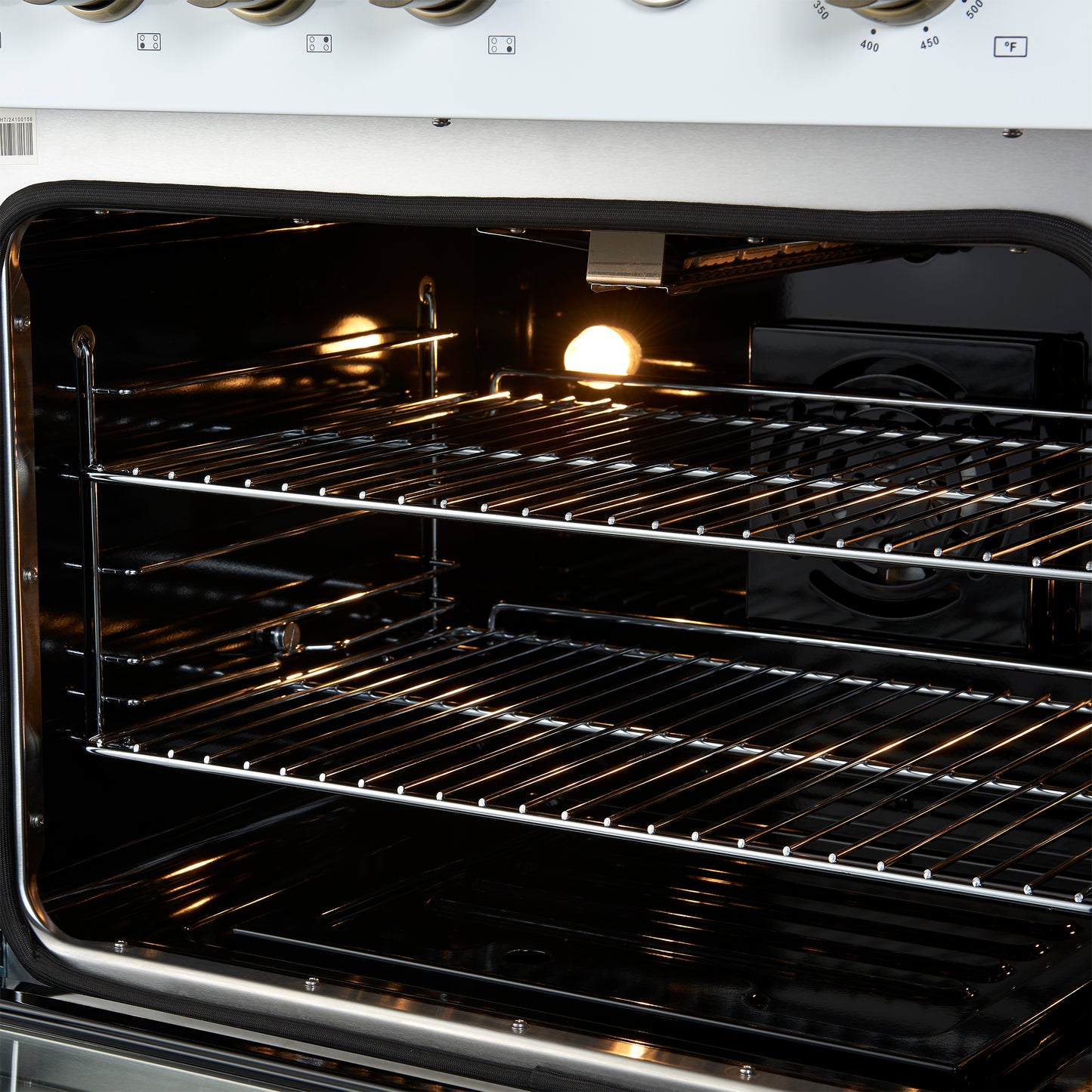 Marco 30-inch Gas Range White & Antique Brass Design, 4 Burners 37,000 BTU, 4.32 cu.ft. Convection Oven - Forno Appliances