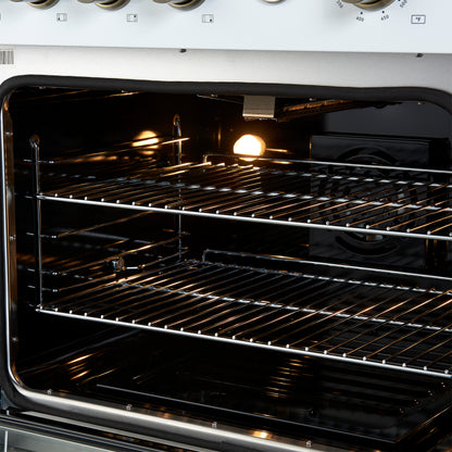 Marco 30-inch Gas Range White & Antique Brass Design, 4 Burners 37,000 BTU, 4.32 cu.ft. Convection Oven - Forno Appliances