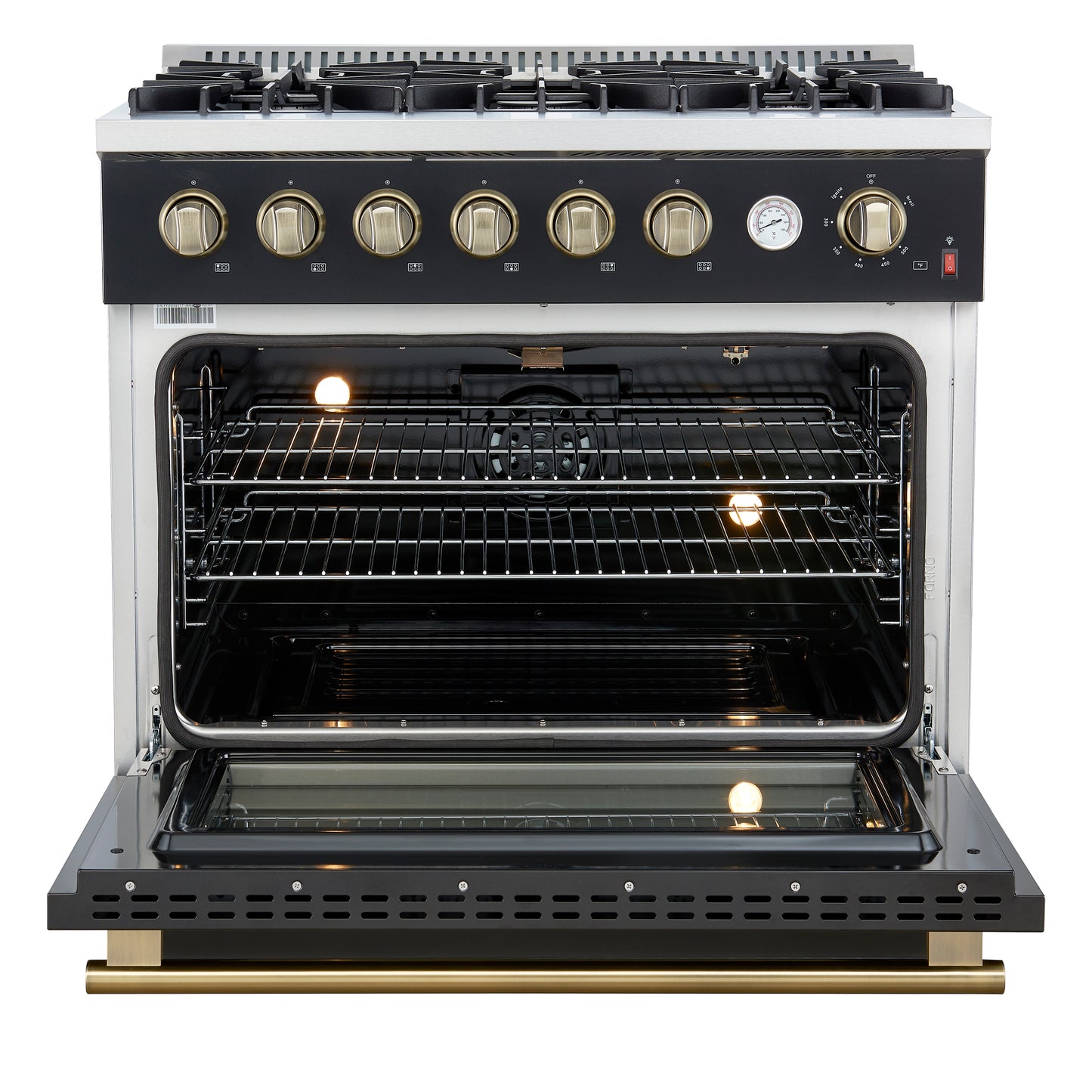 Marco 36-Inch Gas Range Black & Antique Brass Design, 6 Burners 67,000 BTU, 5.36 cu.ft. Convection Oven - Forno Appliances