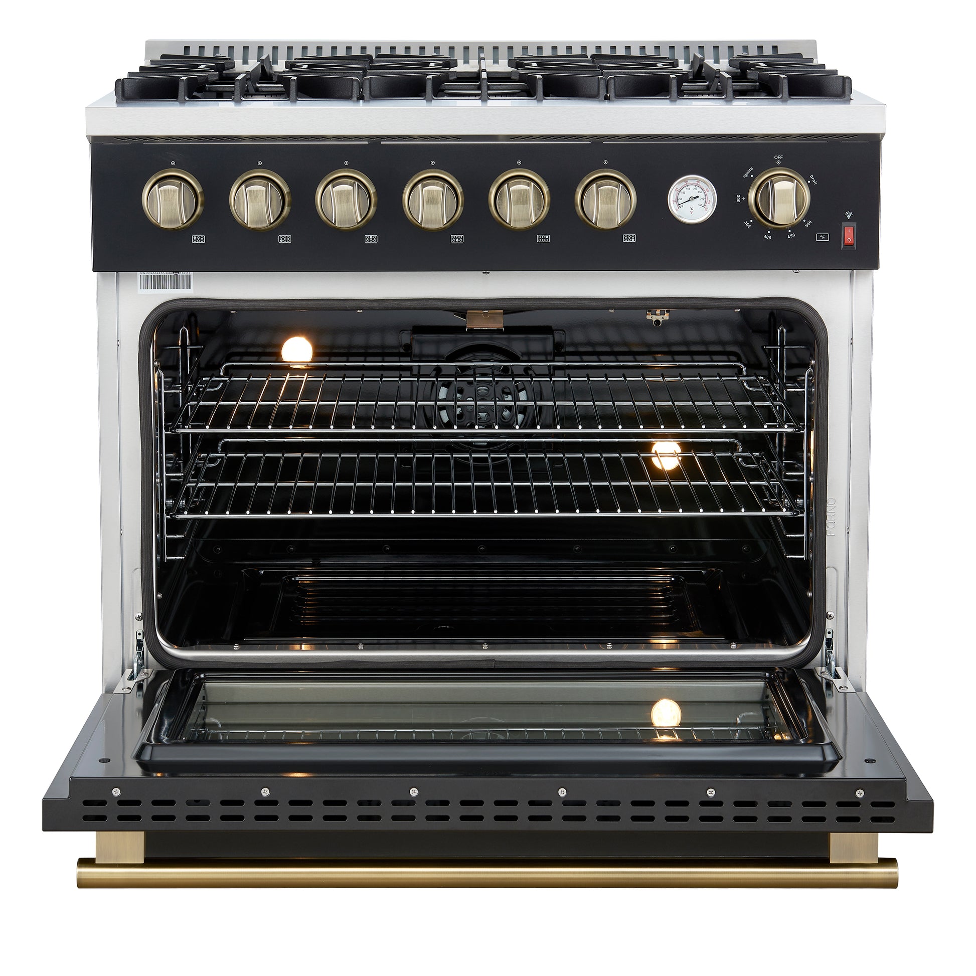 Marco 36-Inch Gas Range Black & Antique Brass Design, 6 Burners 67,000 BTU, 5.36 cu.ft. Convection Oven - Forno Appliances