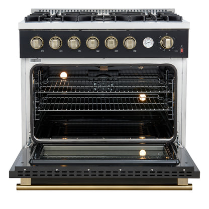 Marco 36-Inch Gas Range Black & Antique Brass Design, 6 Burners 67,000 BTU, 5.36 cu.ft. Convection Oven - Forno Appliances
