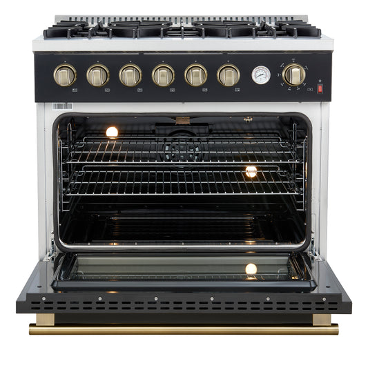 Marco 36-Inch Gas Range Black & Antique Brass Design, 6 Burners 67,000 BTU, 5.36 cu.ft. Convection Oven - Forno Appliances