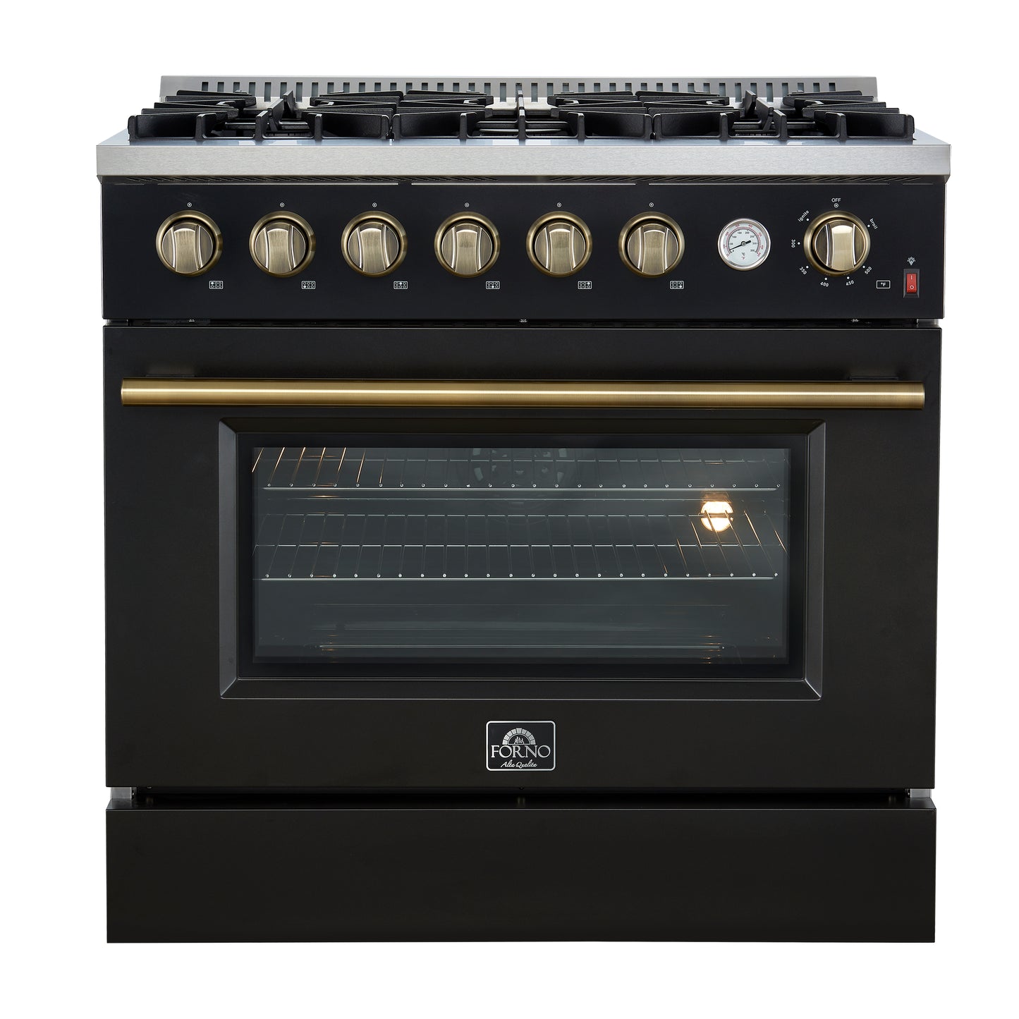 Marco 36-Inch Gas Range Black & Antique Brass Design, 6 Burners 67,000 BTU, 5.36 cu.ft. Convection Oven - Forno Appliances