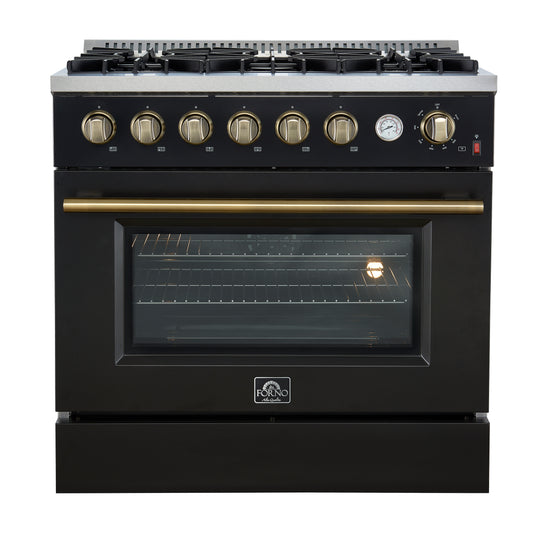Marco 36-Inch Gas Range Black & Antique Brass Design, 6 Burners 67,000 BTU, 5.36 cu.ft. Convection Oven - Forno Appliances