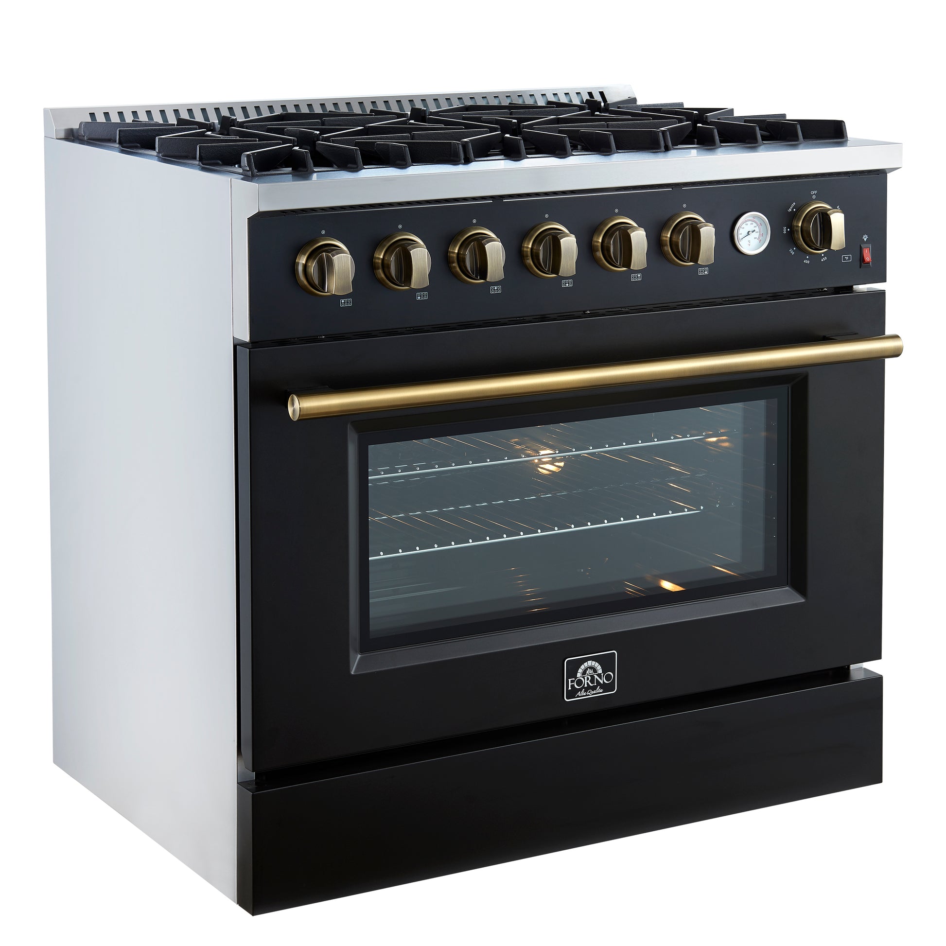 Marco 36-Inch Gas Range Black & Antique Brass Design, 6 Burners 67,000 BTU, 5.36 cu.ft. Convection Oven - Forno Appliances