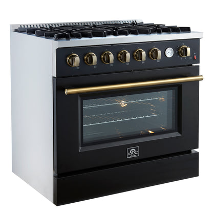 Marco 36-Inch Gas Range Black & Antique Brass Design, 6 Burners 67,000 BTU, 5.36 cu.ft. Convection Oven - Forno Appliances