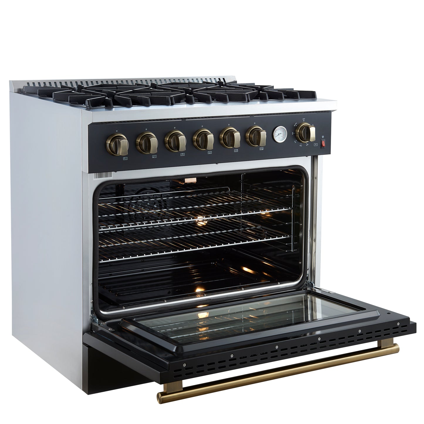 Marco 36-Inch Gas Range Black & Antique Brass Design, 6 Burners 67,000 BTU, 5.36 cu.ft. Convection Oven - Forno Appliances