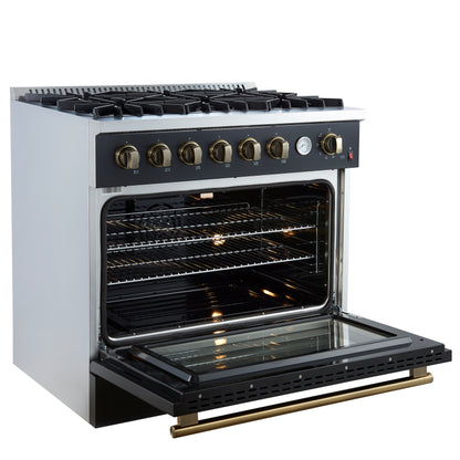 Marco 36-Inch Gas Range Black & Antique Brass Design, 6 Burners 67,000 BTU, 5.36 cu.ft. Convection Oven - Forno Appliances
