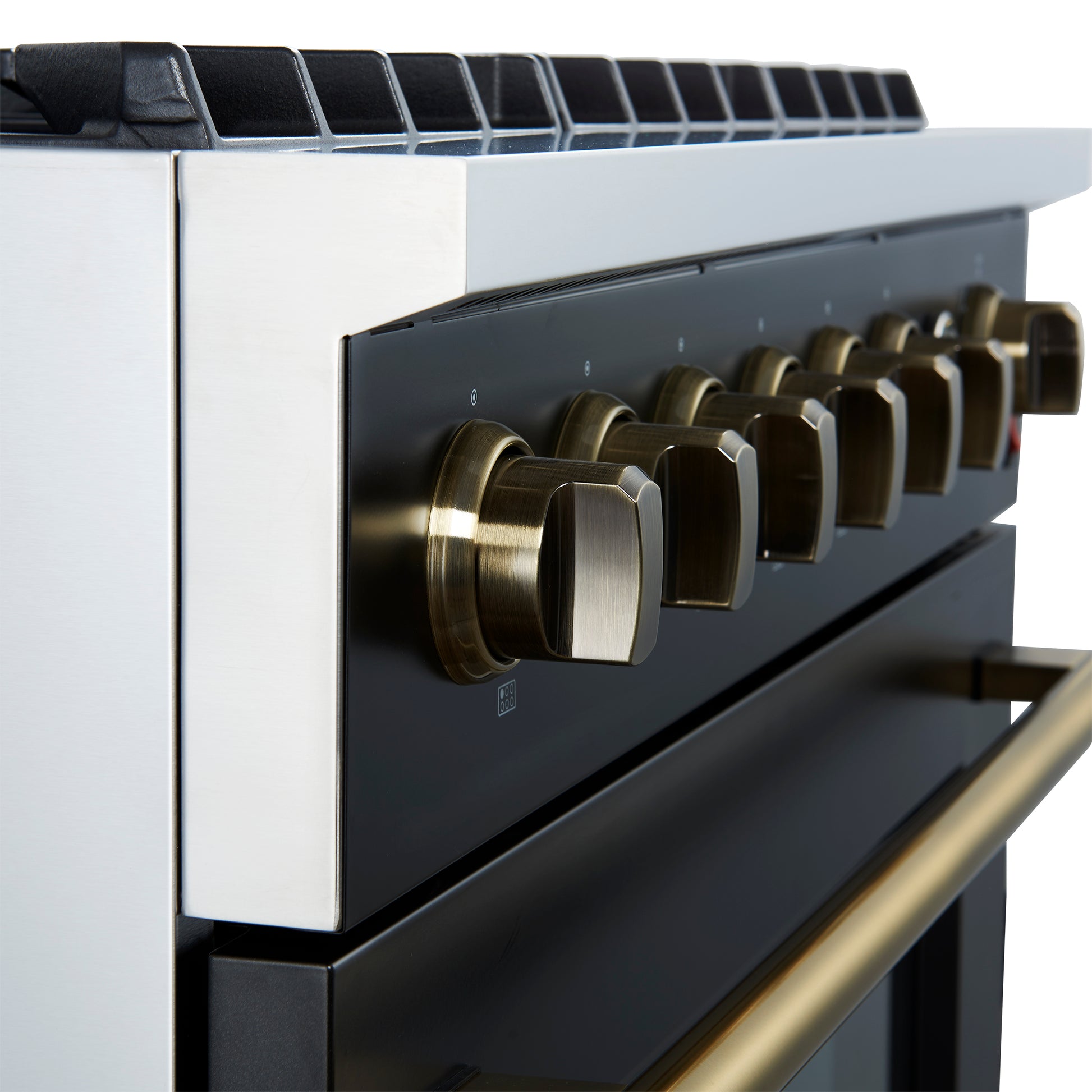 Marco 36-Inch Gas Range Black & Antique Brass Design, 6 Burners 67,000 BTU, 5.36 cu.ft. Convection Oven - Forno Appliances