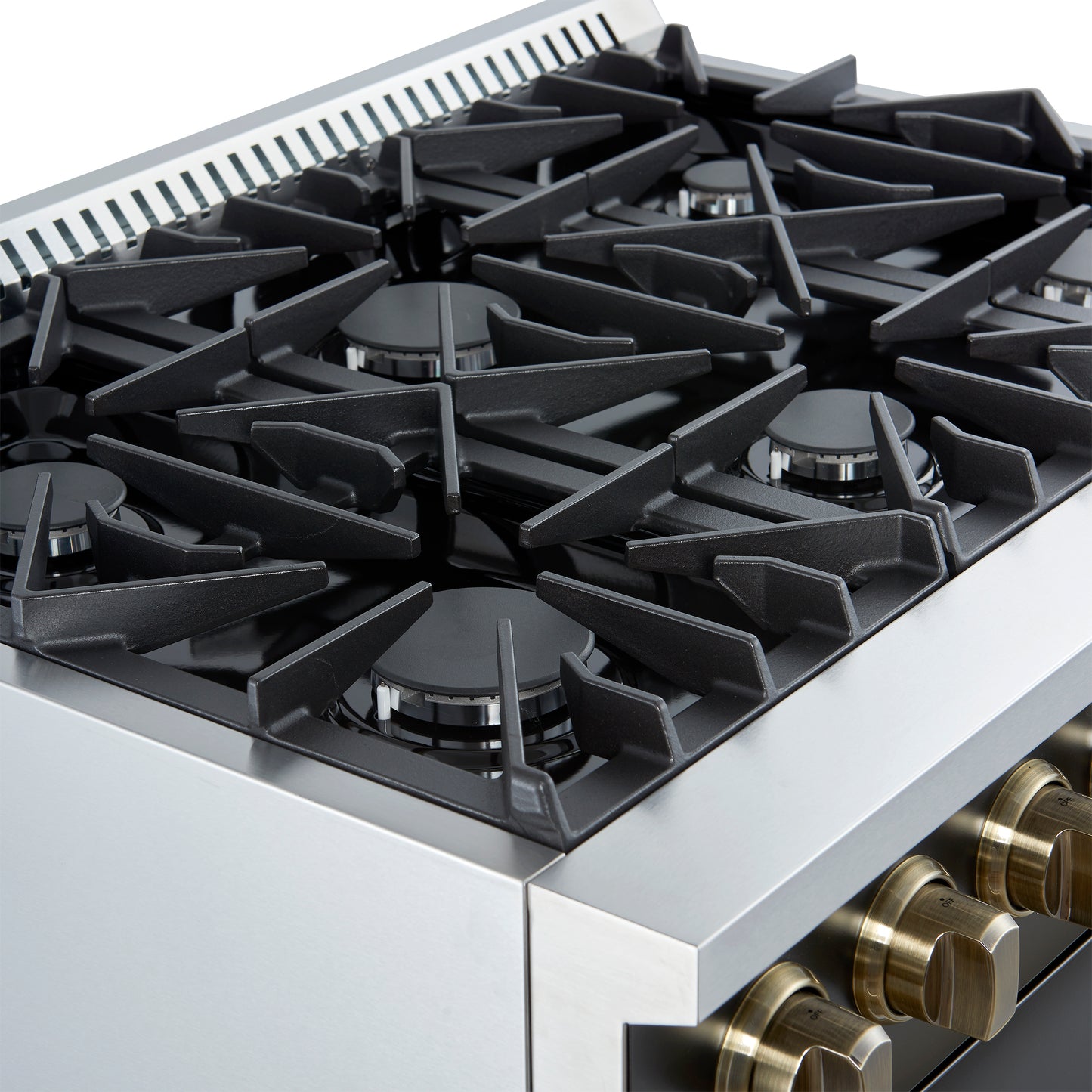 Marco 36-Inch Gas Range Black & Antique Brass Design, 6 Burners 67,000 BTU, 5.36 cu.ft. Convection Oven - Forno Appliances