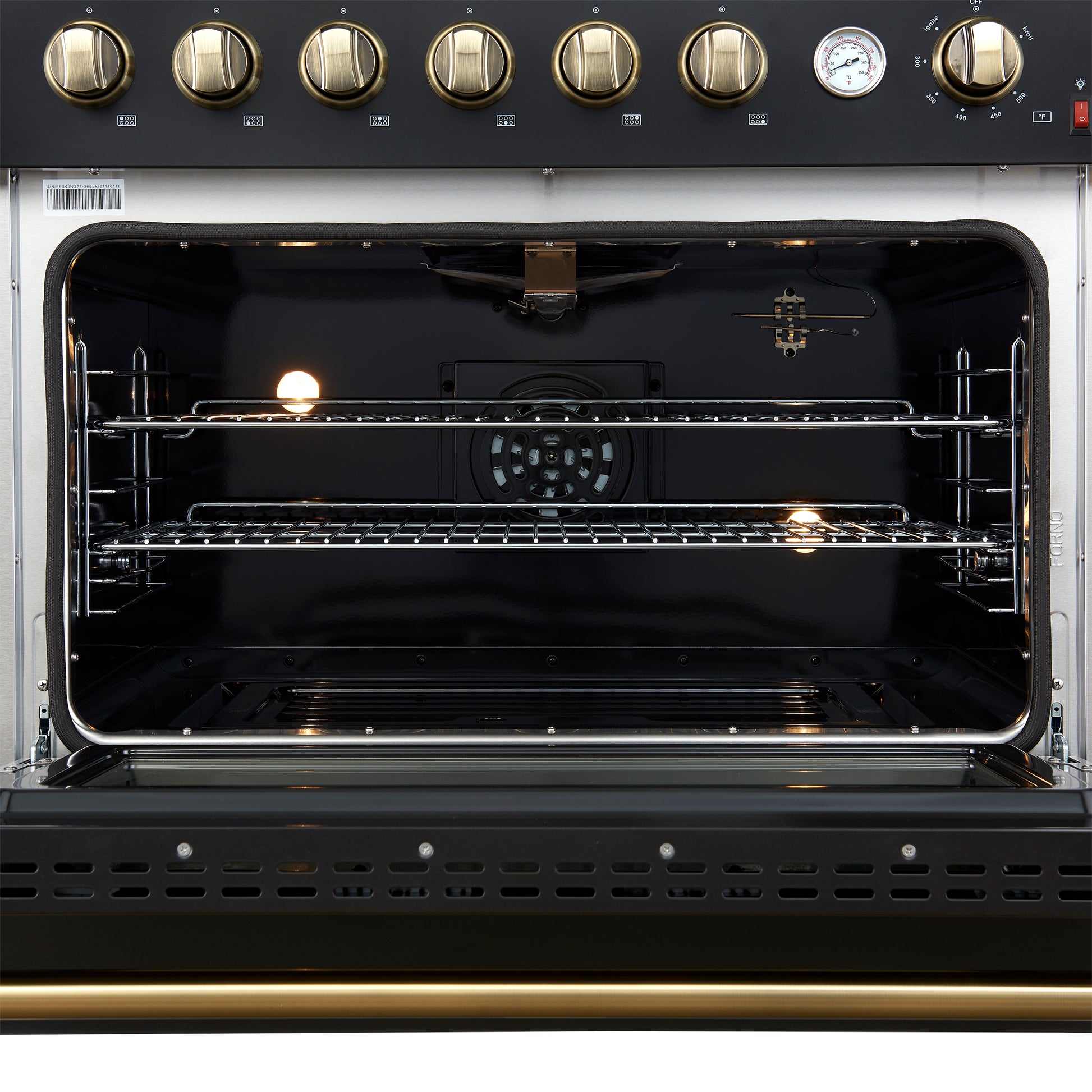 Marco 36-Inch Gas Range Black & Antique Brass Design, 6 Burners 67,000 BTU, 5.36 cu.ft. Convection Oven - Forno Appliances