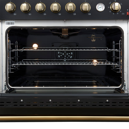 Marco 36-Inch Gas Range Black & Antique Brass Design, 6 Burners 67,000 BTU, 5.36 cu.ft. Convection Oven - Forno Appliances