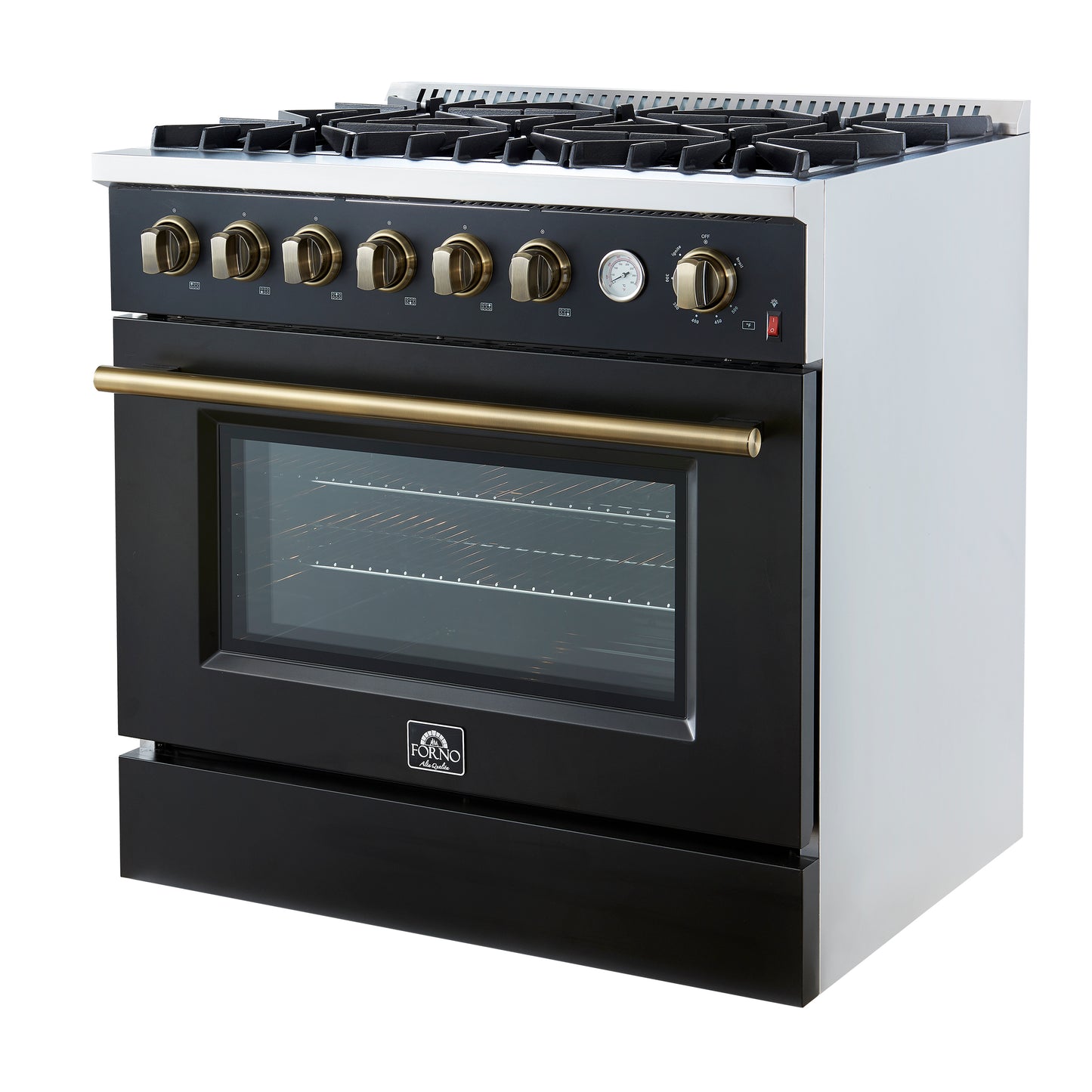 Marco 36-Inch Gas Range Black & Antique Brass Design, 6 Burners 67,000 BTU, 5.36 cu.ft. Convection Oven - Forno Appliances