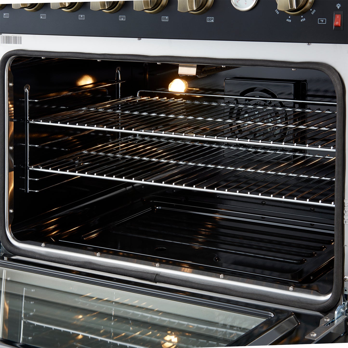 Marco 36-Inch Gas Range Black & Antique Brass Design, 6 Burners 67,000 BTU, 5.36 cu.ft. Convection Oven - Forno Appliances