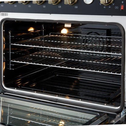Marco 36-Inch Gas Range Black & Antique Brass Design, 6 Burners 67,000 BTU, 5.36 cu.ft. Convection Oven - Forno Appliances