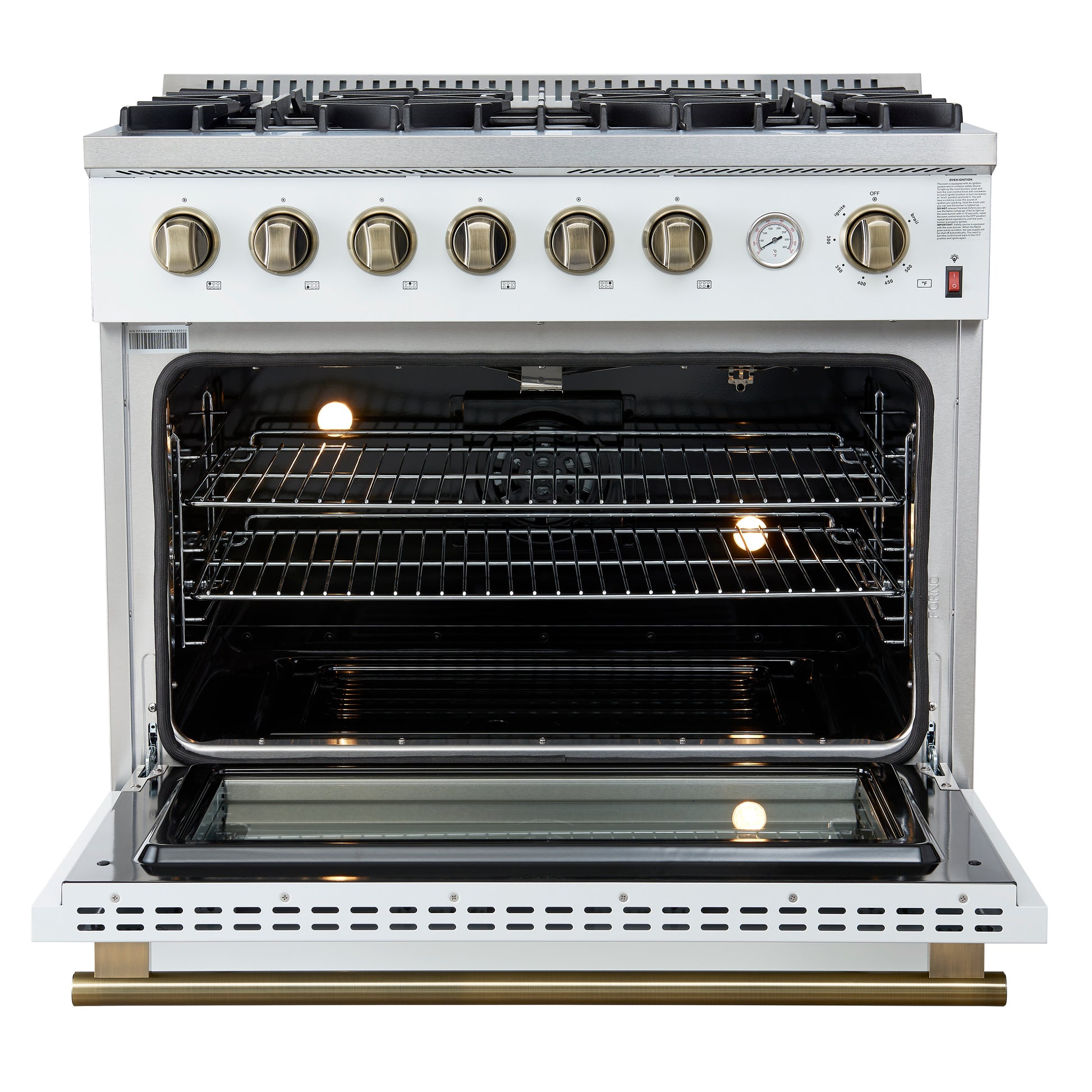 Marco 36-Inch Gas Range White & Antique Brass Design, 6 Burners 67,000 BTU, 5.36 cu.ft. Convection Oven - Forno Appliances