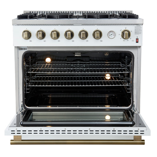 Marco 36-Inch Gas Range White & Antique Brass Design, 6 Burners 67,000 BTU, 5.36 cu.ft. Convection Oven - Forno Appliances