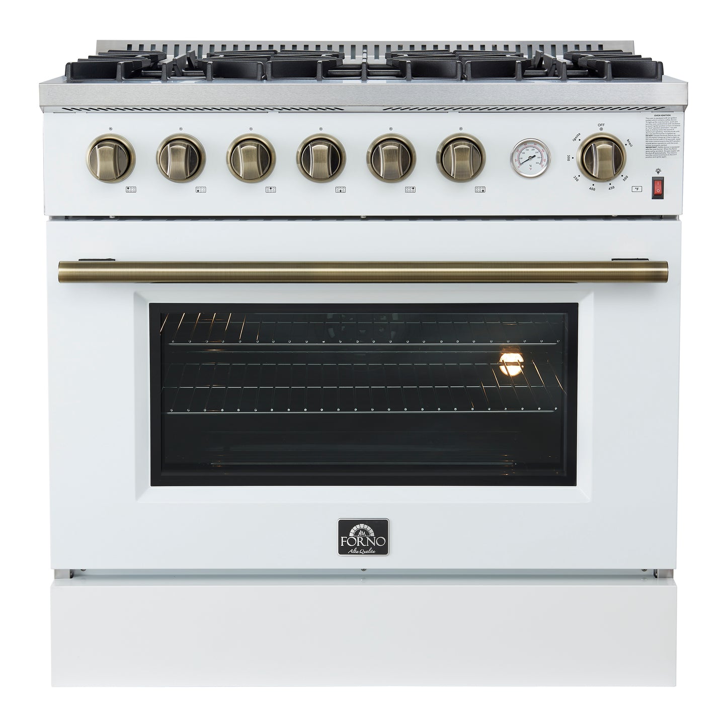 Marco 36-Inch Gas Range White & Antique Brass Design, 6 Burners 67,000 BTU, 5.36 cu.ft. Convection Oven - Forno Appliances