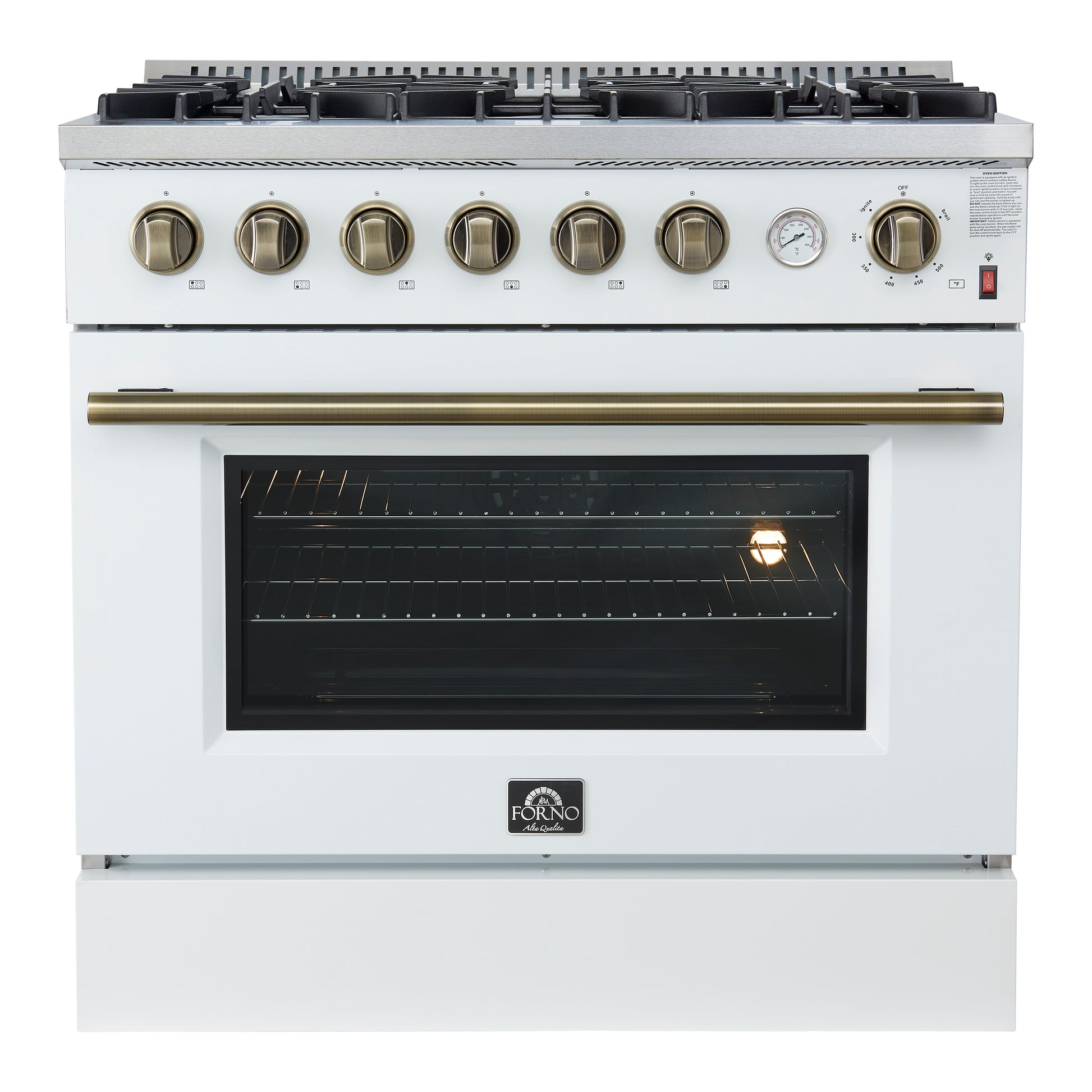 Marco 36-Inch Gas Range White & Antique Brass Design, 6 Burners 67,000 BTU, 5.36 cu.ft. Convection Oven - Forno Appliances