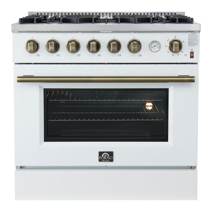 Marco 36-Inch Gas Range White & Antique Brass Design, 6 Burners 67,000 BTU, 5.36 cu.ft. Convection Oven - Forno Appliances