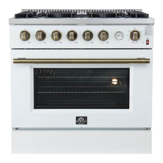 Marco 36-Inch Gas Range White & Antique Brass Design, 6 Burners 67,000 BTU, 5.36 cu.ft. Convection Oven - Forno Appliances