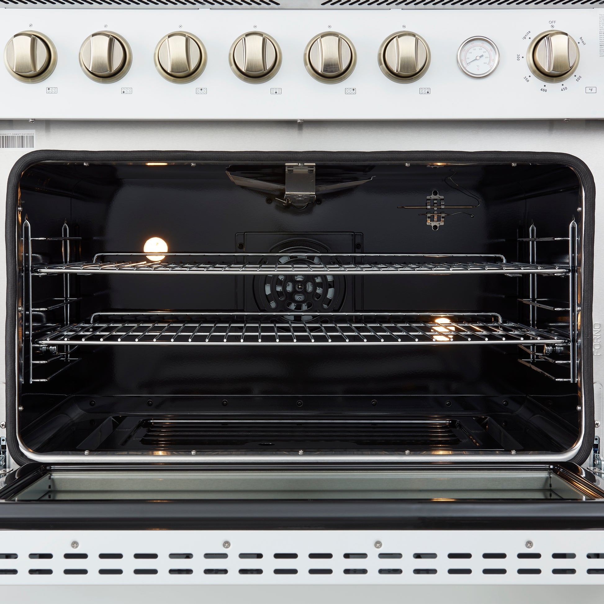 Marco 36-Inch Gas Range White & Antique Brass Design, 6 Burners 67,000 BTU, 5.36 cu.ft. Convection Oven - Forno Appliances