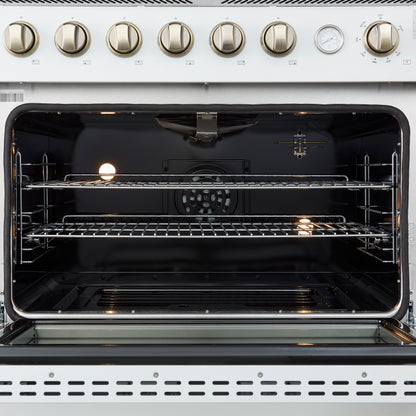 Marco 36-Inch Gas Range White & Antique Brass Design, 6 Burners 67,000 BTU, 5.36 cu.ft. Convection Oven - Forno Appliances