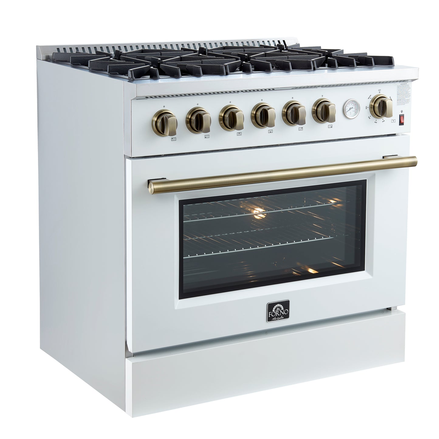Marco 36-Inch Gas Range White & Antique Brass Design, 6 Burners 67,000 BTU, 5.36 cu.ft. Convection Oven - Forno Appliances