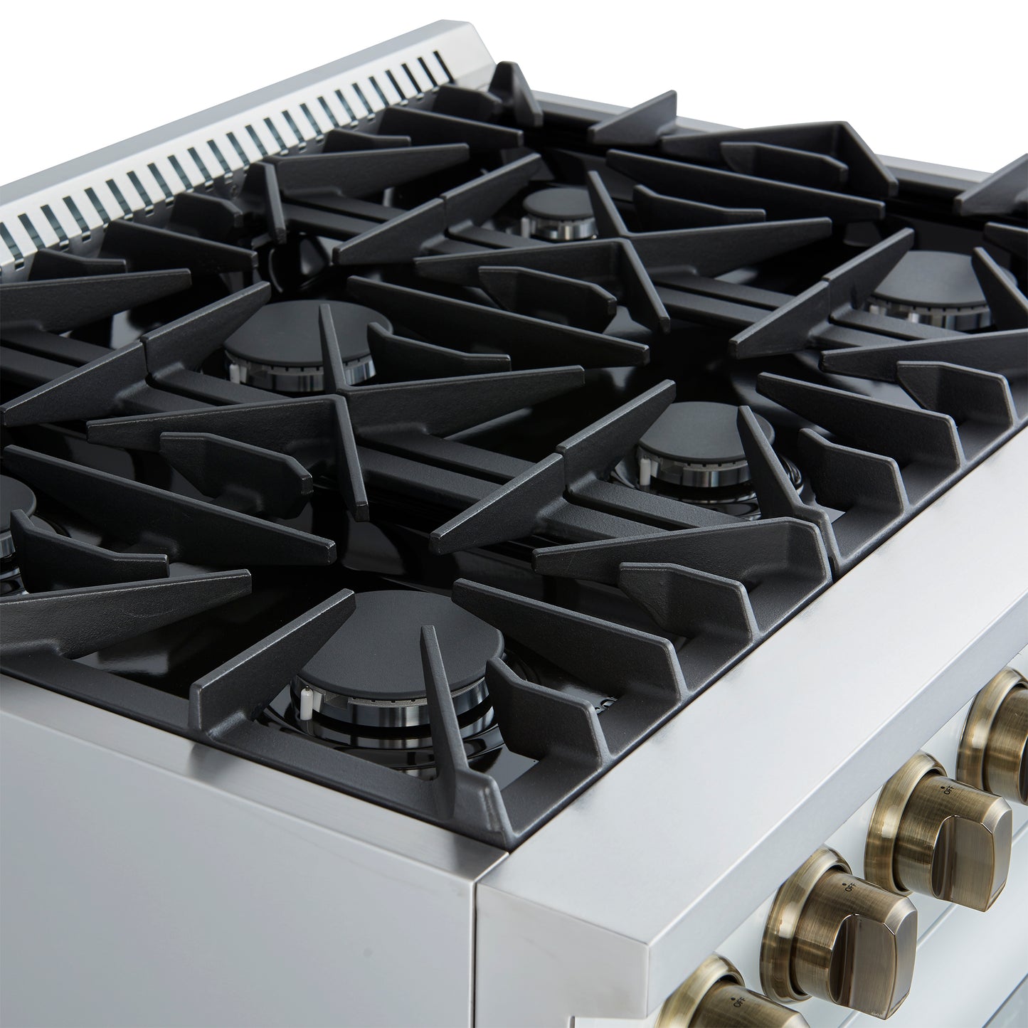 Marco 36-Inch Gas Range White & Antique Brass Design, 6 Burners 67,000 BTU, 5.36 cu.ft. Convection Oven - Forno Appliances