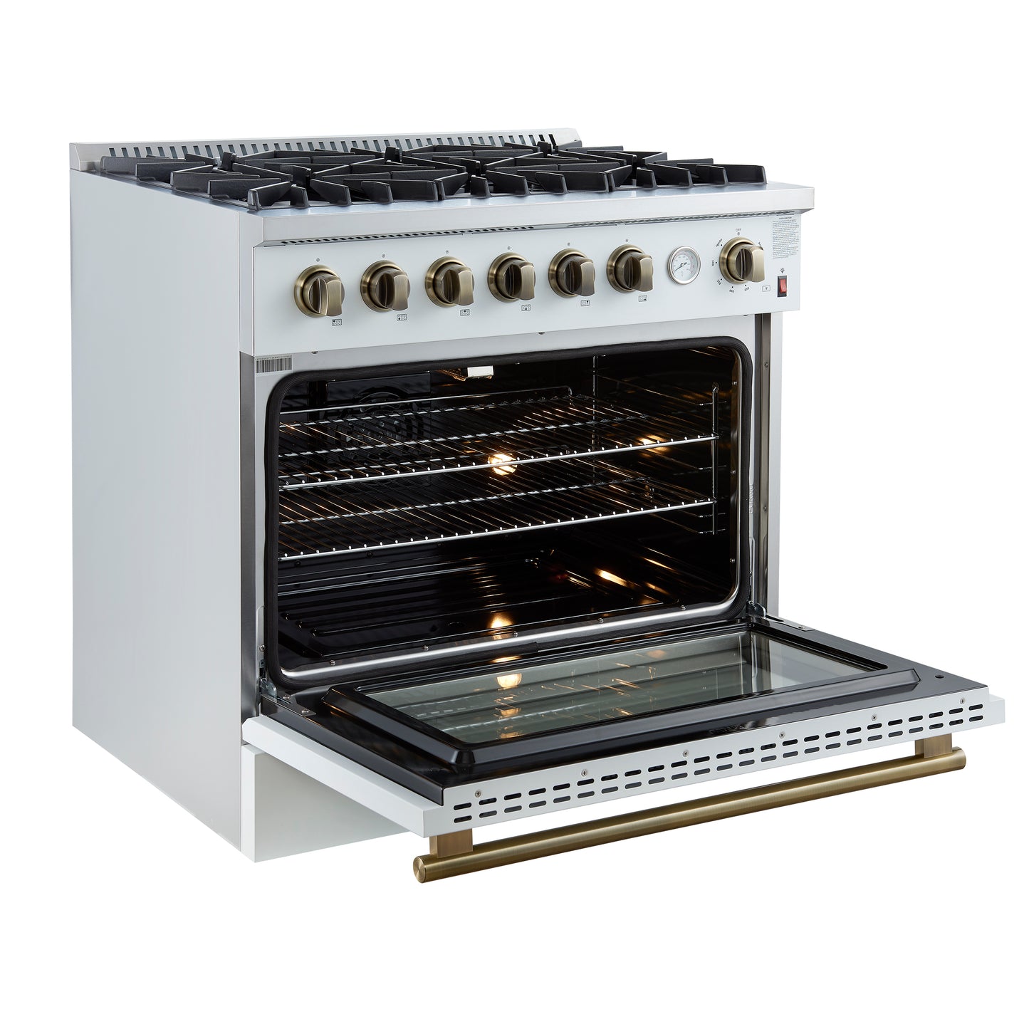 Marco 36-Inch Gas Range White & Antique Brass Design, 6 Burners 67,000 BTU, 5.36 cu.ft. Convection Oven - Forno Appliances