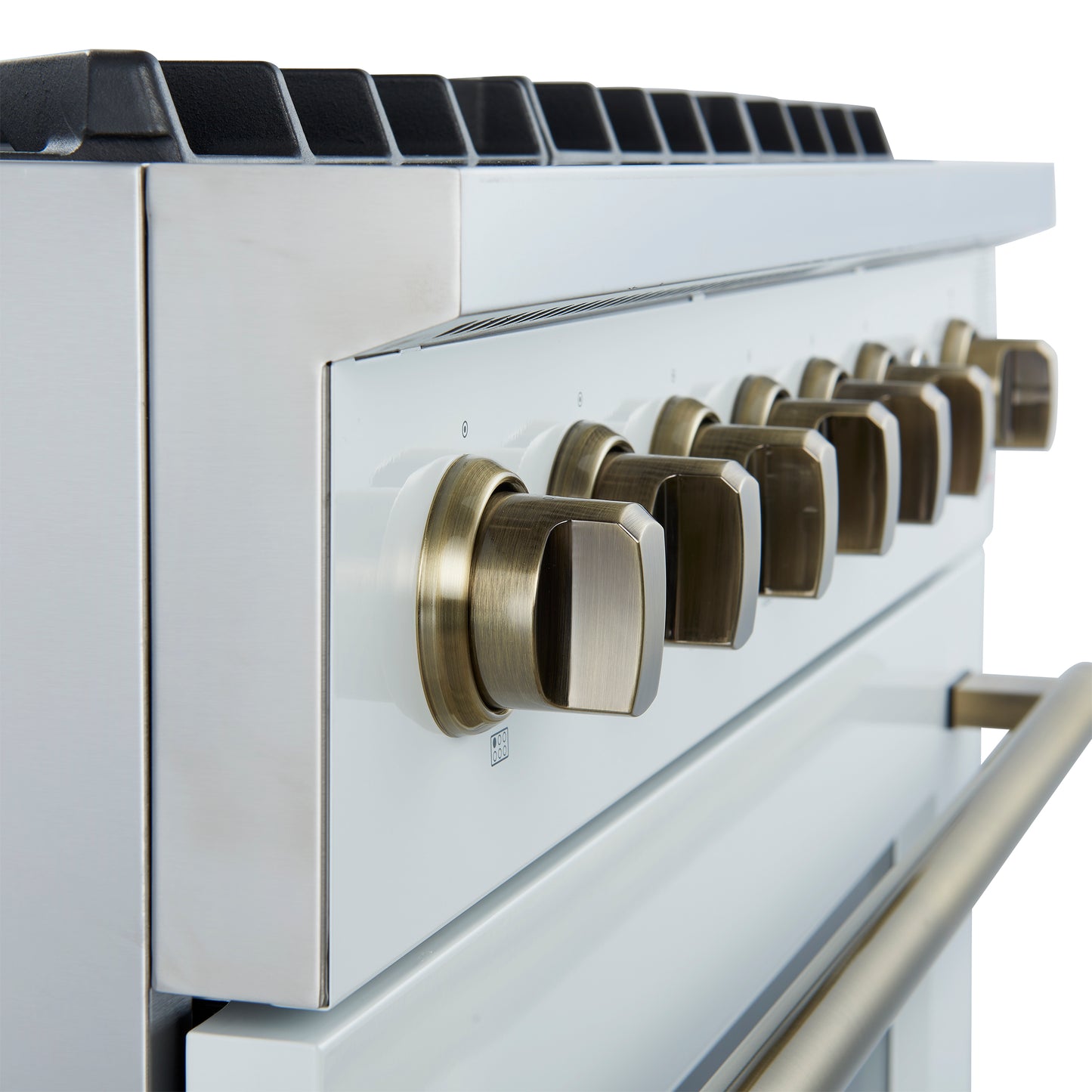 Marco 36-Inch Gas Range White & Antique Brass Design, 6 Burners 67,000 BTU, 5.36 cu.ft. Convection Oven - Forno Appliances