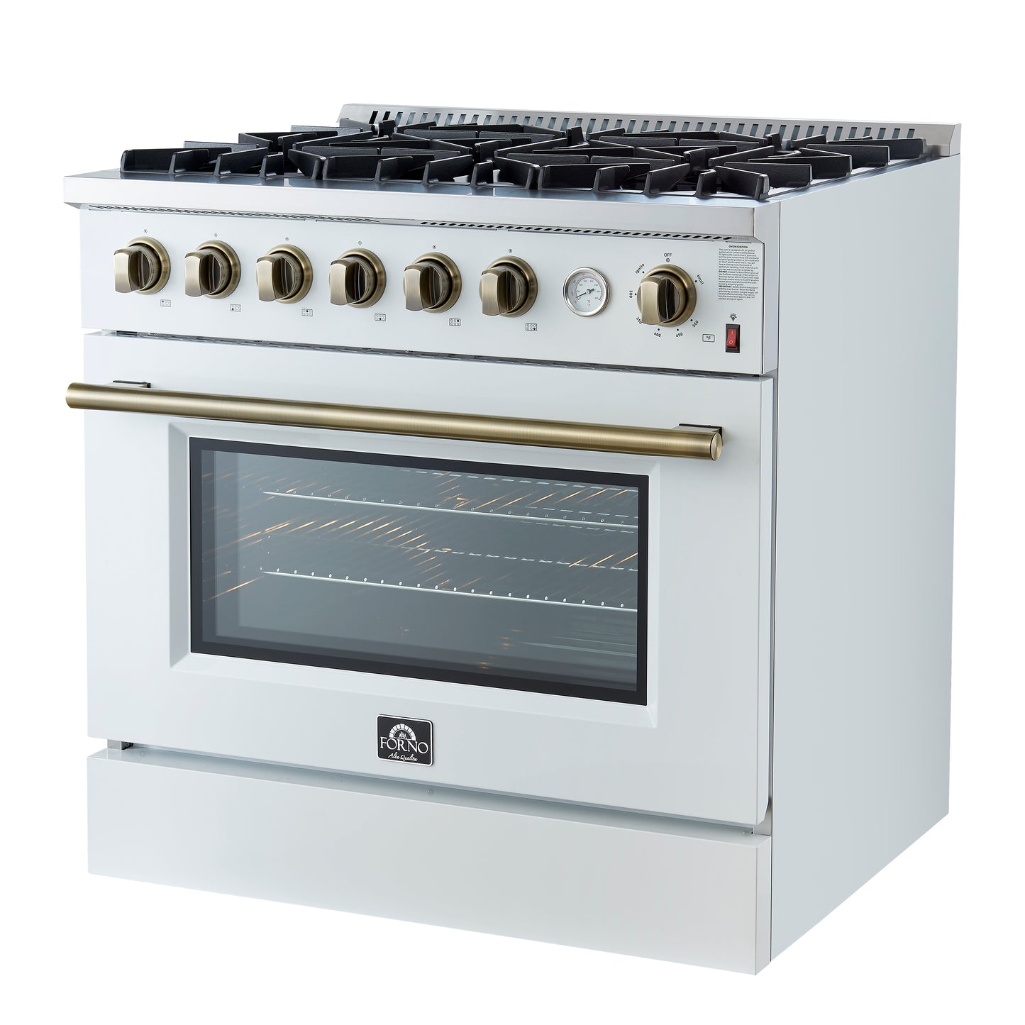 Marco 36-Inch Gas Range White & Antique Brass Design, 6 Burners 67,000 BTU, 5.36 cu.ft. Convection Oven - Forno Appliances
