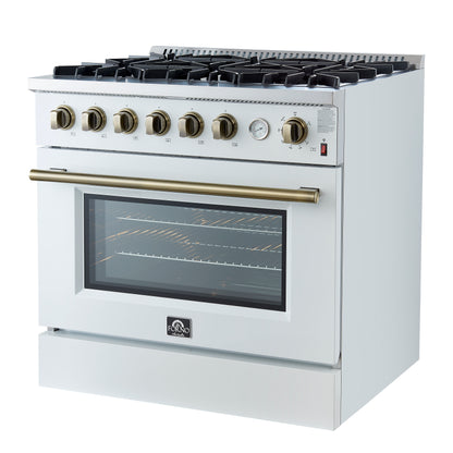Marco 36-Inch Gas Range White & Antique Brass Design, 6 Burners 67,000 BTU, 5.36 cu.ft. Convection Oven - Forno Appliances