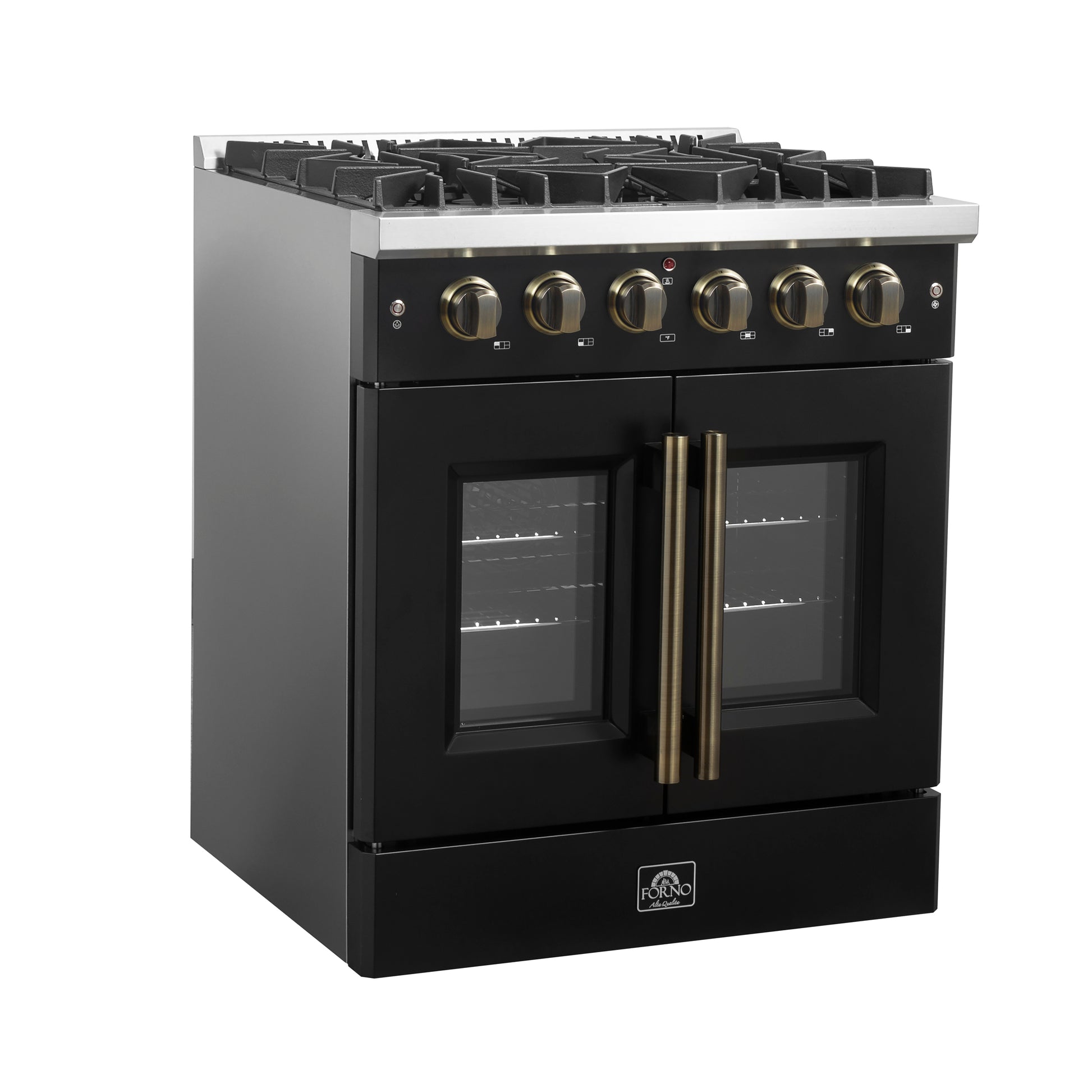 Forno Galiano 30-inch French Door Gas Range Black and Antique Brass Design, 5 Sealed Burners 68,000 BTU,  4.32 cu.ft. Convection Oven - Forno Appliances
