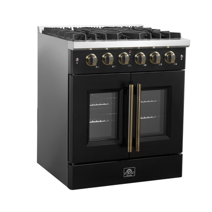Forno Galiano 30-inch French Door Gas Range Black and Antique Brass Design, 5 Sealed Burners 68,000 BTU,  4.32 cu.ft. Convection Oven - Forno Appliances