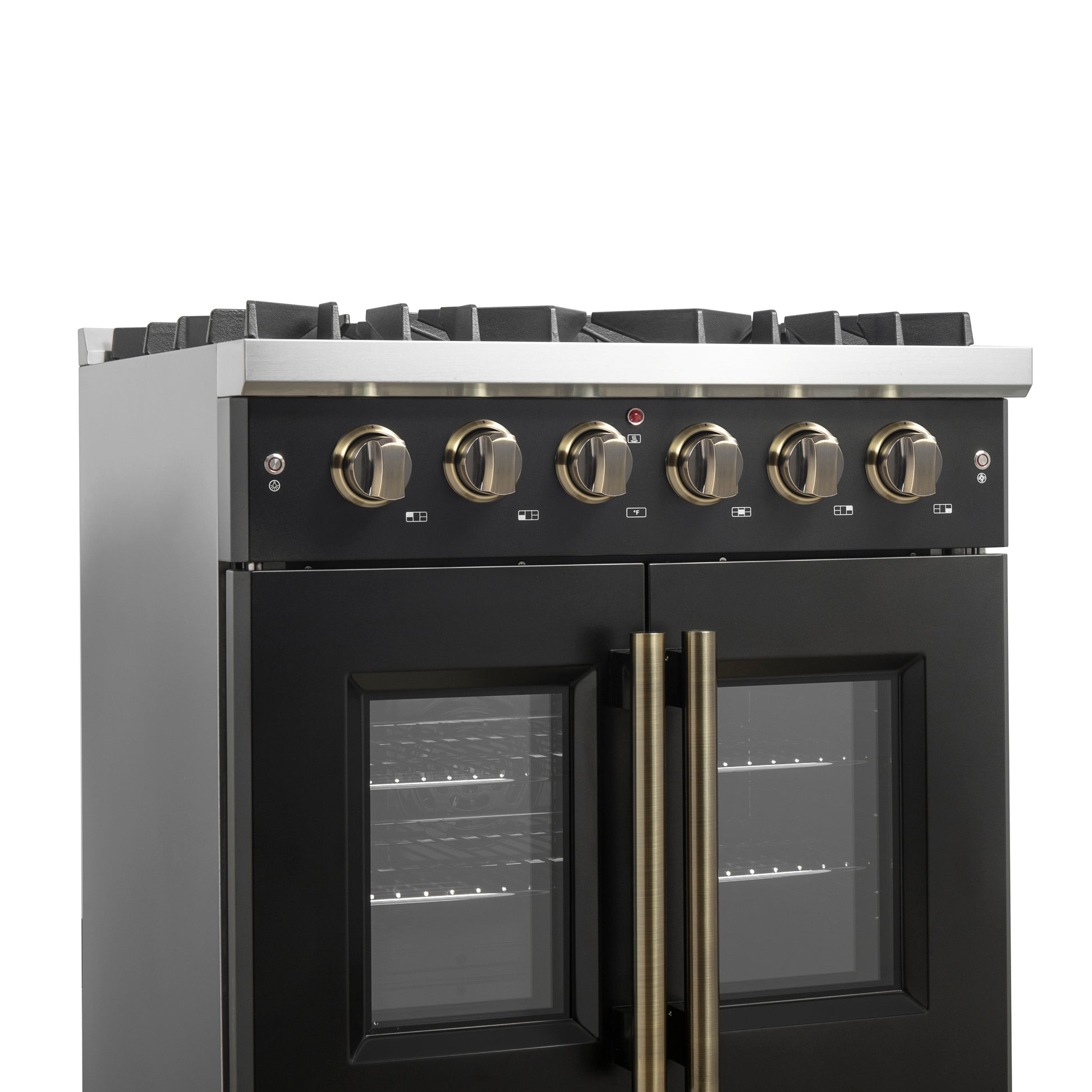 Forno Galiano 30-inch French Door Gas Range Black and Antique Brass Design, 5 Sealed Burners 68,000 BTU,  4.32 cu.ft. Convection Oven - Forno Appliances