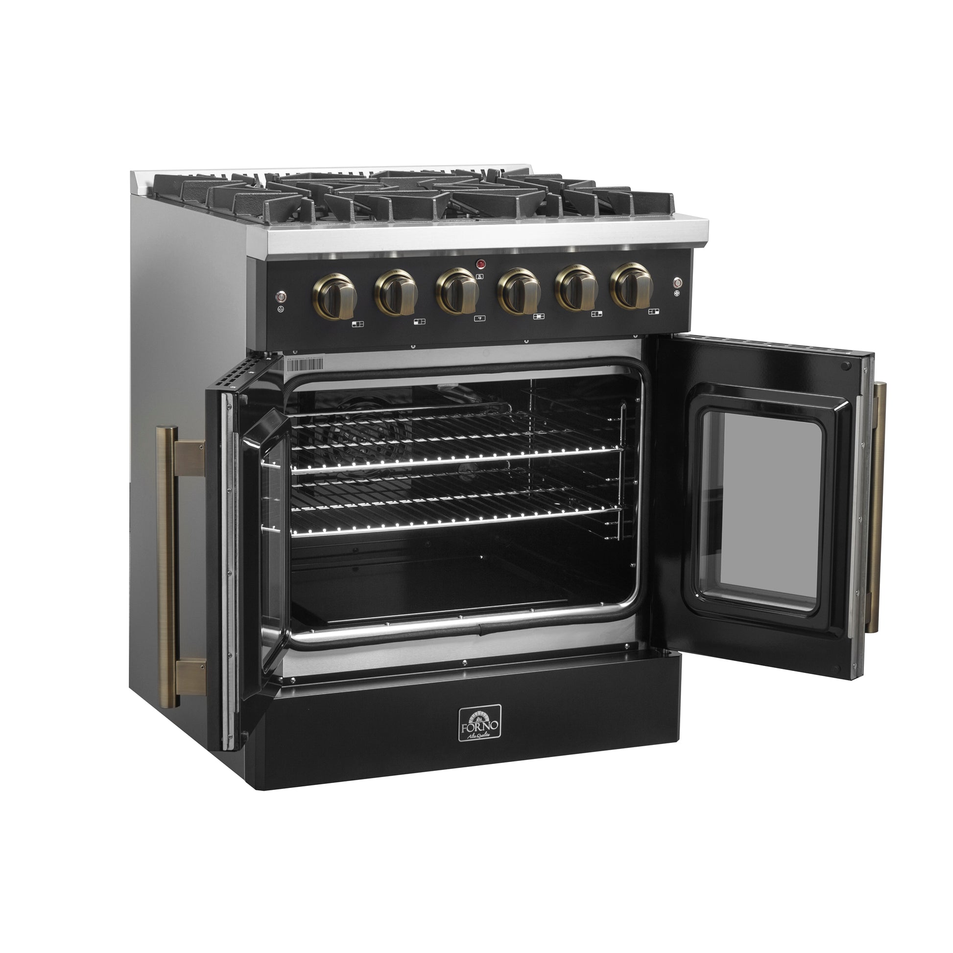 Forno Galiano 30-inch French Door Gas Range Black and Antique Brass Design, 5 Sealed Burners 68,000 BTU,  4.32 cu.ft. Convection Oven - Forno Appliances