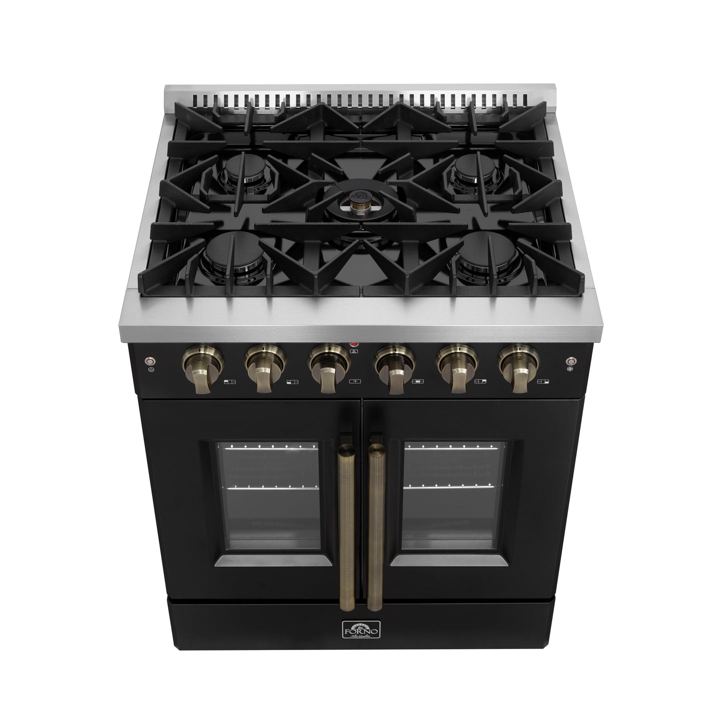 Forno Galiano 30-inch French Door Gas Range Black and Antique Brass Design, 5 Sealed Burners 68,000 BTU,  4.32 cu.ft. Convection Oven - Forno Appliances