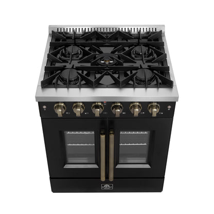 Forno Galiano 30-inch French Door Gas Range Black and Antique Brass Design, 5 Sealed Burners 68,000 BTU,  4.32 cu.ft. Convection Oven - Forno Appliances