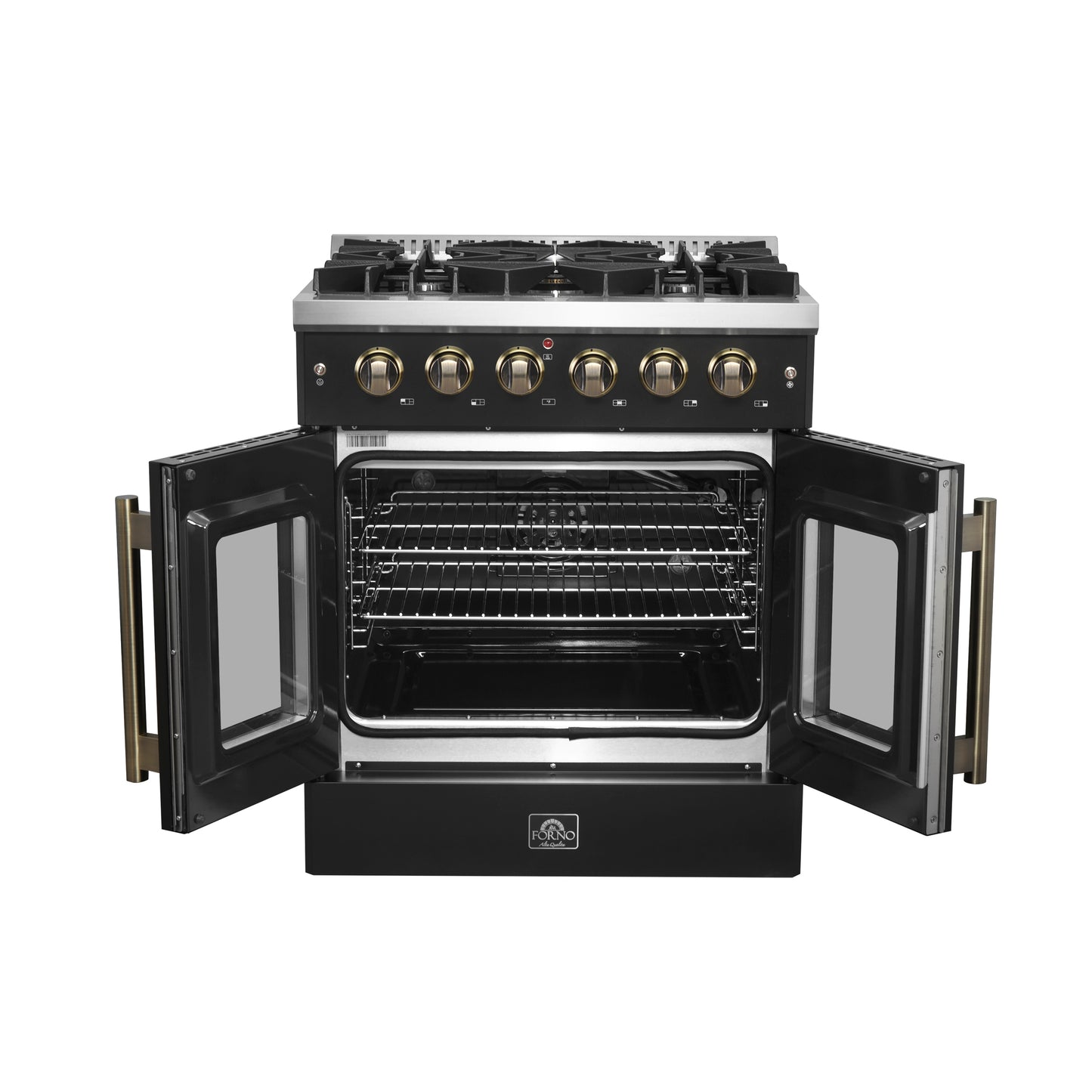 Forno Galiano 30-inch French Door Gas Range Black and Antique Brass Design, 5 Sealed Burners 68,000 BTU,  4.32 cu.ft. Convection Oven - Forno Appliances