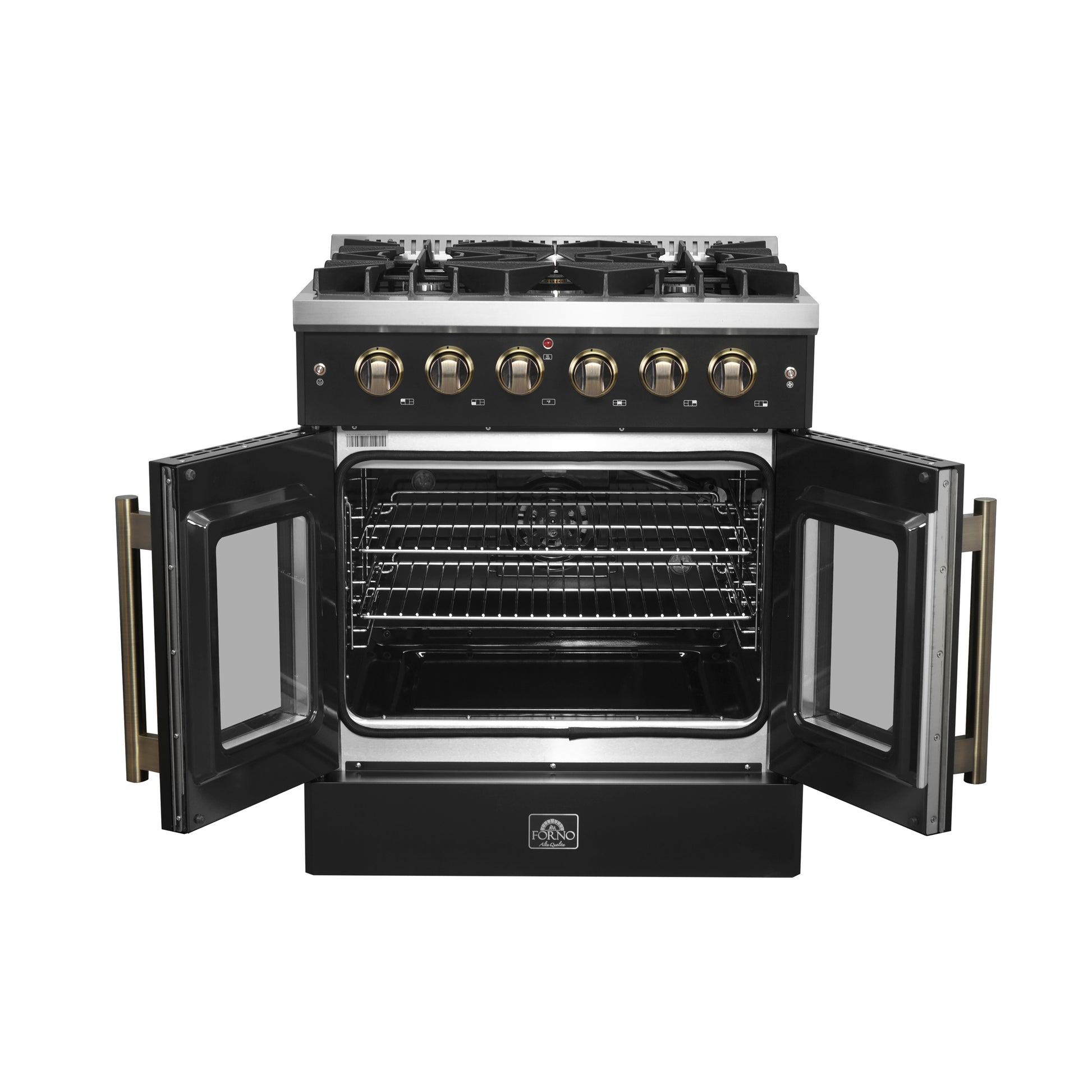 Forno Galiano 30-inch French Door Gas Range Black and Antique Brass Design, 5 Sealed Burners 68,000 BTU,  4.32 cu.ft. Convection Oven - Forno Appliances